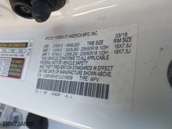 2018 Honda CR-V EX with VIN 5J6RW2H57JL015509, listed as a IAAI auction lot 41976335 with 171,207 mi miles. Bid and sale history available at carsss.com. Image 9.