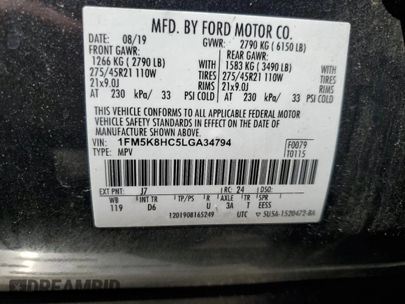 2020 Ford Explorer Platinum with VIN 1FM5K8HC5LGA34794, listed as a Copart auction lot 62531805 with Not provided miles and Salvage title. Bid and sale history available at DreamBid. Image 13.