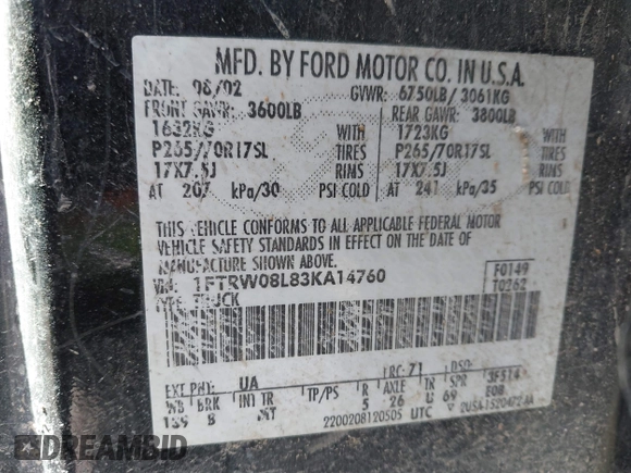 2003 Ford F-150 XLT with VIN 1FTRW08L83KA14760, listed as a IAAI auction lot 41820943 with 215,130 mi miles. Bid and sale history available at carsss.com. Image 9.