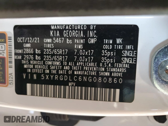 2022 Kia Sorento LX with VIN 5XYRGDLC6NG080860, listed as a Copart auction lot 60139615 with 54,389 mi miles and Clean title. Bid and sale history available at DreamBid. Image 14.