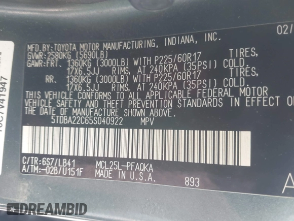 2005 Toyota Sienna XLE with VIN 5TDBA22C65S040922, listed as a IAAI auction lot 41988449 with 292,167 mi miles. Bid and sale history available at carsss.com. Image 9.