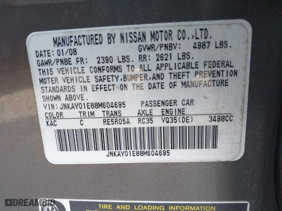 2008 Infiniti M35 with VIN JNKAY01E88M604695, listed as a IAAI auction lot 41278406 with 164,373 mi miles. Bid and sale history available at carsss.com. Image 9.