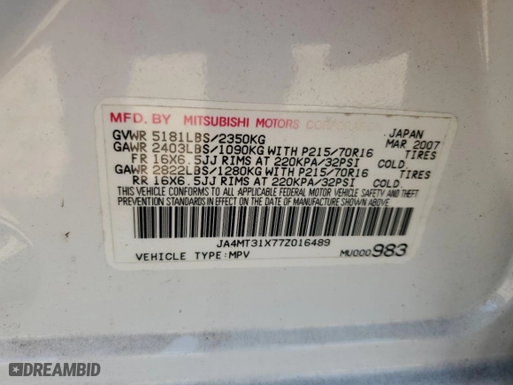 2007 Mitsubishi Outlander LS with VIN JA4MT31X77Z016489, listed as a Copart auction lot 80415884 with 65,103 mi miles and Salvage Title. Bid and sale history available at carsss.com. Image 15.