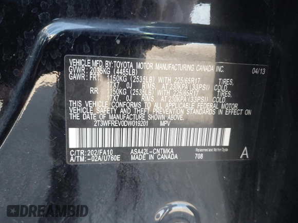 2013 Toyota RAV4 XLE with VIN 2T3WFREV0DW019201, listed as a IAAI auction lot 42145998 with 185,124 mi miles and . Bid and sale history available at DreamBid. Image 9.