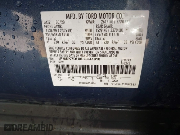 2020 Ford Explorer XLT with VIN 1FMSK7DH0LGC41818, listed as a IAAI auction lot 41654806 with 82,846 mi miles and . Bid and sale history available at carsss.com. Image 9.