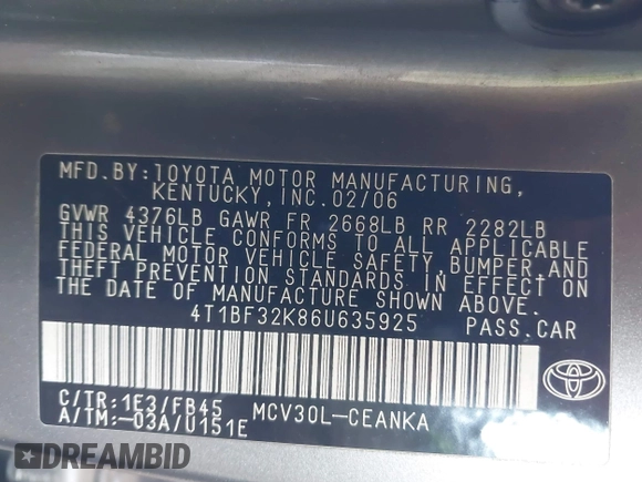 2006 Toyota Camry LE z VIN 4T1BF32K86U635925, wystawiony jako IAAI lot #42267547 z przebiegiem 162 593 mil mil oraz . Historia ofert i sprzedaży dostępna na DreamBid. Obrazek 9.