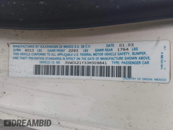 2003 Volkswagen Beetle GLS z VIN 3VWCK21Y33M309841, wystawiony jako IAAI lot #41883298 z przebiegiem 169 430 mil mil oraz . Historia ofert i sprzedaży dostępna na DreamBid. Obrazek 9.