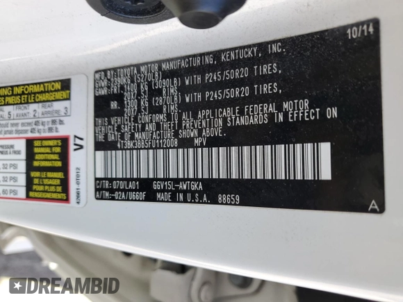 2015 Toyota Venza XLE with VIN 4T3BK3BB5FU112008, listed as a Copart auction lot 52151945 with Not provided miles and Salvage title. Bid and sale history available at DreamBid. Image 14.