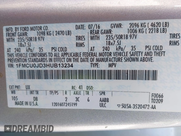 2017 Ford Escape Titanium with VIN 1FMCU0JD3HUB13234, listed as a IAAI auction lot 41760944 with 113,361 mi miles. Bid and sale history available at carsss.com. Image 9.