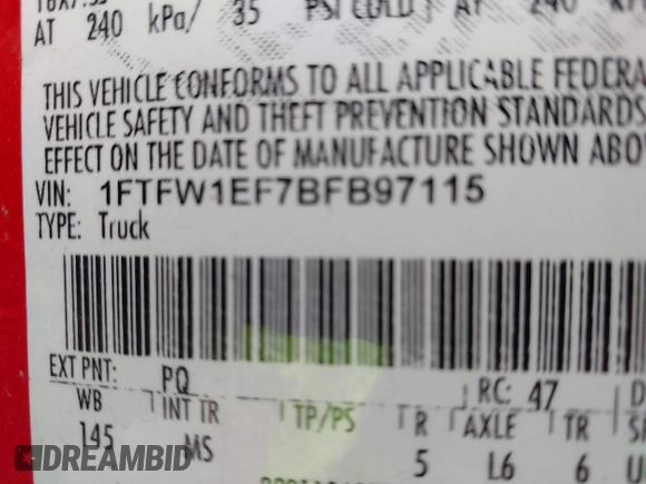 2011 Ford F-150 XL with VIN 1FTFW1EF7BFB97115, listed as a IAAI auction lot 41973403 with 112,056 mi miles. Bid and sale history available at carsss.com. Image 9.