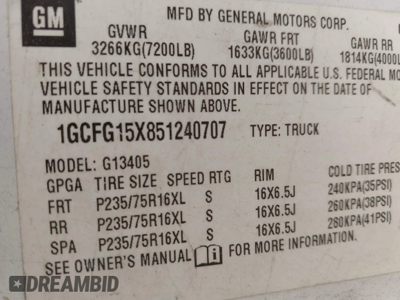 2005 Chevrolet Express Cargo with VIN 1GCFG15X851240707, listed as a IAAI auction lot 42789027 with 345,871 mi miles and . Bid and sale history available at DreamBid. Image 9.