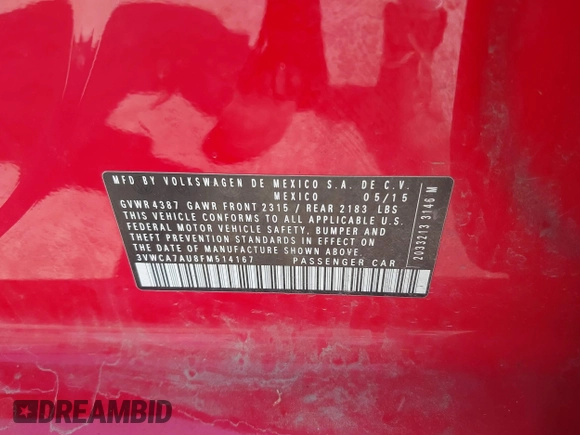 2015 Volkswagen Golf S с VIN 3VWCA7AU8FM514167, выставлен на аукционе IAAI как лот 42732184 с пробегом 199 504 миль миль и . История ставок и продаж доступна на DreamBid. Изображение 9.