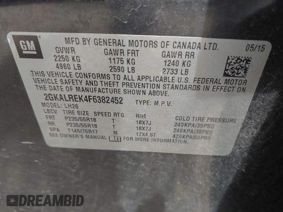 2015 GMC Terrain SLE with VIN 2GKALREK4F6382452, listed as a IAAI auction lot 42256912 with 110,115 mi miles and . Bid and sale history available at DreamBid. Image 9.