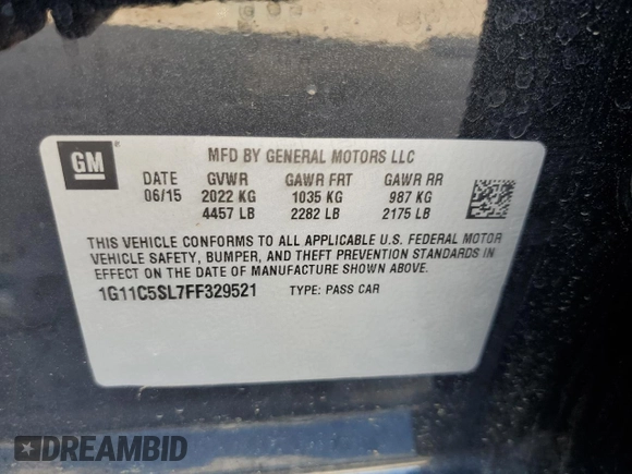 2015 Chevrolet Malibu LT with VIN 1G11C5SL7FF329521, listed as a Copart auction lot 49928795 with 151,763 mi miles and Salvage Title. Bid and sale history available at DreamBid. Image 14.