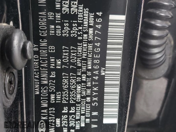2014 Kia Sorento LX with VIN 5XYKT4A68EG477464, listed as a Copart auction lot 45084575 with 0 mi miles and Salvage Title. Bid and sale history available at carsss.com. Image 12.
