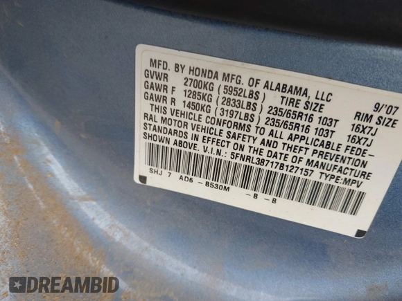 2007 Honda Odyssey EX-L with VIN 5FNRL38717B127157, listed as a IAAI auction lot 41890838 with 195,241 mi miles and . Bid and sale history available at DreamBid. Image 9.