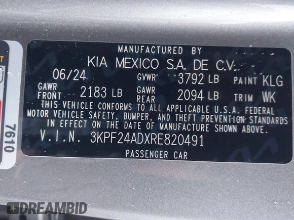 2024 Kia Forte LXS with VIN 3KPF24ADXRE820491, listed as a IAAI auction lot 41526871 with 5,675 mi miles and . Bid and sale history available at DreamBid. Image 9.