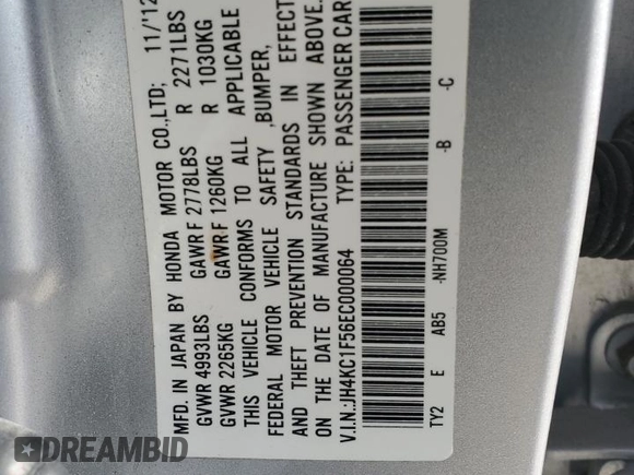 2014 Acura RLX Tech Pkg with VIN JH4KC1F56EC000064, listed as a Copart auction lot 51380835 with 168,932 mi miles and Non Repairable. Bid and sale history available at carsss.com. Image 12.