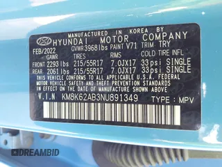2022 Hyundai Kona SEL with VIN KM8K62AB3NU891349, listed as a IAAI auction lot 41860744 with 22,991 mi miles and . Bid and sale history available at DreamBid. Image 9.