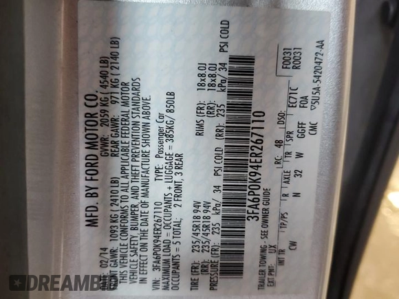 2014 Ford Fusion Titanium with VIN 3FA6P0K94ER267110, listed as a Copart auction lot 55164515 with 200,603 mi miles and Non Repairable. Bid and sale history available at carsss.com. Image 12.
