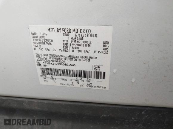 2017 Ford Explorer with VIN 1FM5K7B80HGB30645, listed as a IAAI auction lot 42109520 with 88,130 mi miles and . Bid and sale history available at DreamBid. Image 9.