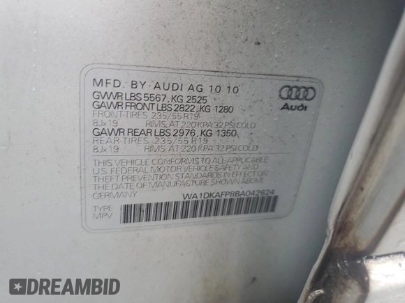 2011 Audi Q5 3.2L Premium Plus with VIN WA1DKAFP8BA042624, listed as a Copart auction lot 72351234 with Not Provided miles and Salvage Title. Bid and sale history available at carsss.com. Image 13.