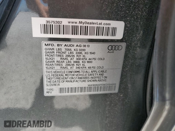 2014 Audi Q7 Prestige z VIN WA1WMAFE9ED004906, wystawiony jako Copart lot #82362564 z przebiegiem 53 101 mil mil oraz Szkoda całkowita • Salvage title. Historia ofert i sprzedaży dostępna na DreamBid. Obrazek 14.