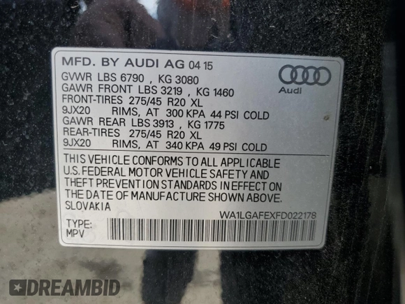 2015 Audi Q7 Premium Plus с VIN WA1LGAFEXFD022178, выставлен на аукционе Copart как лот 58393895 с пробегом 268 454 миль миль и Чистый • Clean title. История ставок и продаж доступна на DreamBid. Изображение 13.