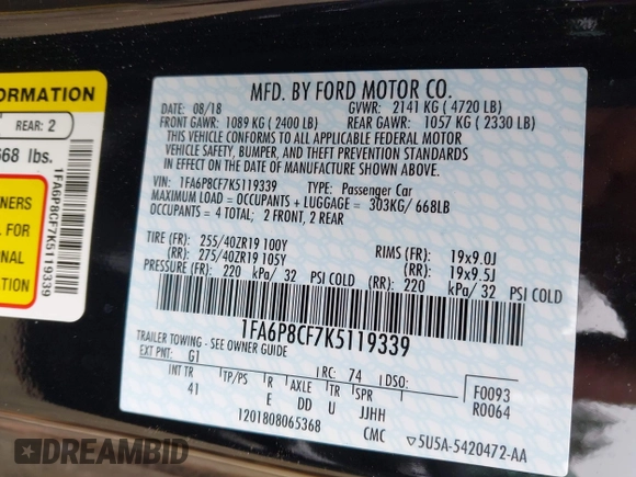 2019 Ford Mustang GT with VIN 1FA6P8CF7K5119339, listed as a IAAI auction lot 41765669 with 27,936 mi miles and . Bid and sale history available at carsss.com. Image 9.