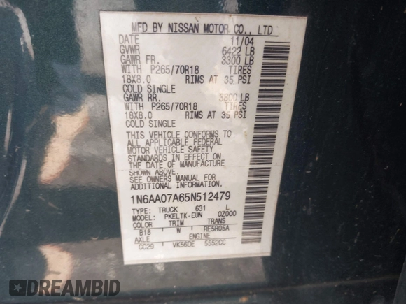 2005 Nissan Titan XE with VIN 1N6AA07A65N512479, listed as a IAAI auction lot 41659482 with 225,037 mi miles and . Bid and sale history available at DreamBid. Image 9.