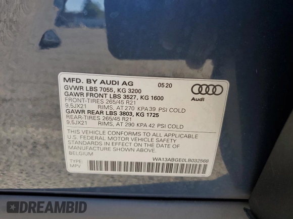 2020 Audi e-tron Sportback Prestige with VIN WA13ABGE0LB032568, listed as a Copart auction lot 56541685 with 59,360 mi miles and Salvage title. Bid and sale history available at DreamBid. Image 13.
