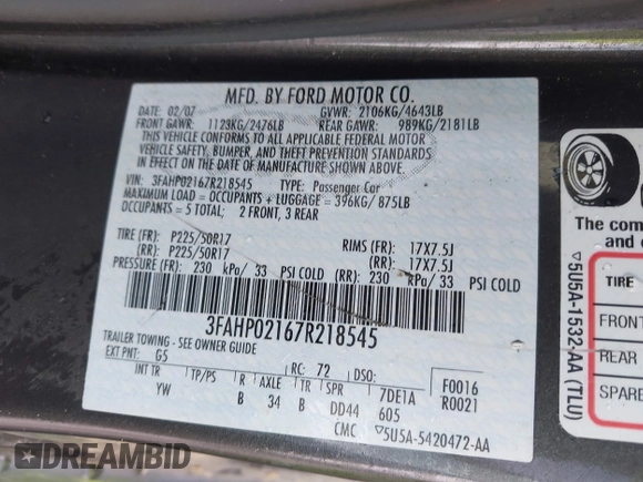 2007 Ford Fusion SEL with VIN 3FAHP02167R218545, listed as a IAAI auction lot 41765164 with 1 mi miles. Bid and sale history available at carsss.com. Image 9.