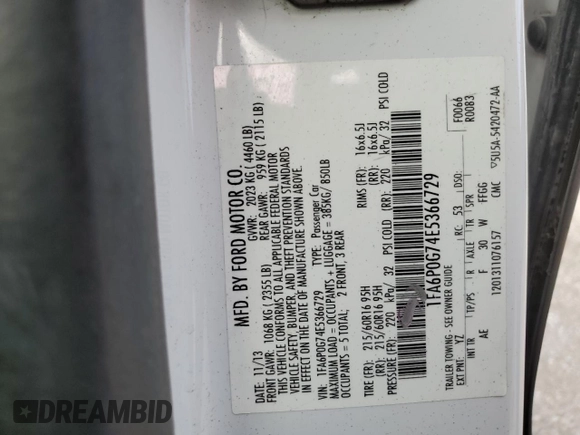2014 Ford Fusion S с VIN 1FA6P0G74E5366729, выставлен на аукционе Copart как лот 49086375 с пробегом 136 079 миль миль и Списание • Salvage title. История ставок и продаж доступна на DreamBid. Изображение 14.