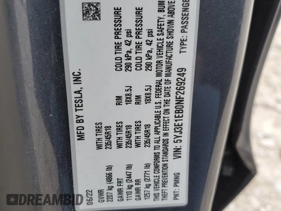 2022 Tesla Model 3 Long Range with VIN 5YJ3E1EB0NF269249, listed as a Copart auction lot 87318524 with 18,406 mi miles and Salvage Title. Bid and sale history available at DreamBid. Image 13.