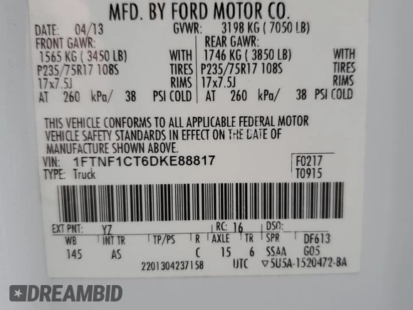 2013 Ford F-150 XL with VIN 1FTNF1CT6DKE88817, listed as a Copart auction lot 41810485 with 200,168 mi miles and Salvage Title. Bid and sale history available at carsss.com. Image 12.