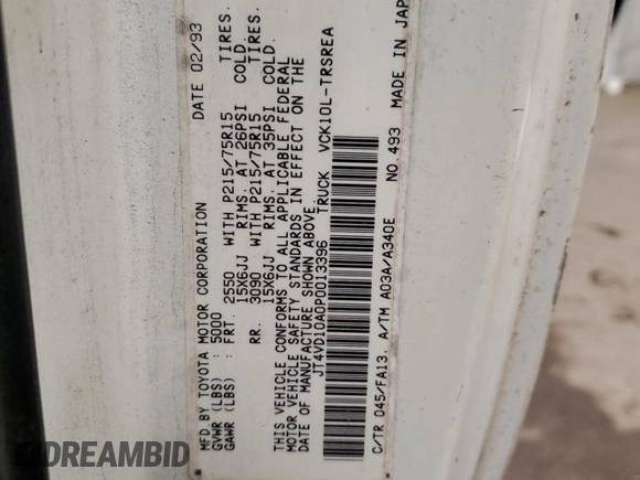 1993 Toyota T100 DX z VIN JT4VD10A0P0013396, wystawiony jako Copart lot #43002405 z przebiegiem 137 000 mil mil oraz Szkoda całkowita • Salvage title. Historia ofert i sprzedaży dostępna na DreamBid. Obrazek 14.