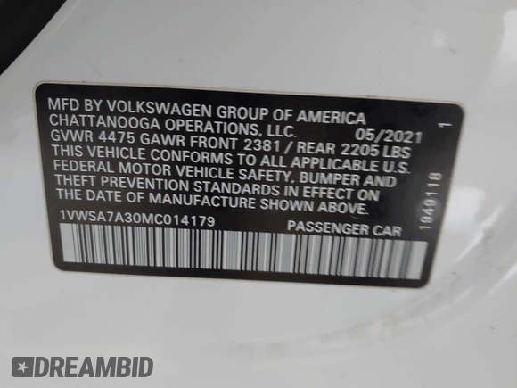 2021 Volkswagen Passat SE with VIN 1VWSA7A30MC014179, listed as a IAAI auction lot 42342358 with 77,535 mi miles and . Bid and sale history available at DreamBid. Image 9.