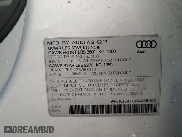 2013 Audi Q5 Premium with VIN WA1CFAFP0DA065608, listed as a Copart auction lot 55067905 with 151,336 mi miles and Salvage title. Bid and sale history available at DreamBid. Image 13.
