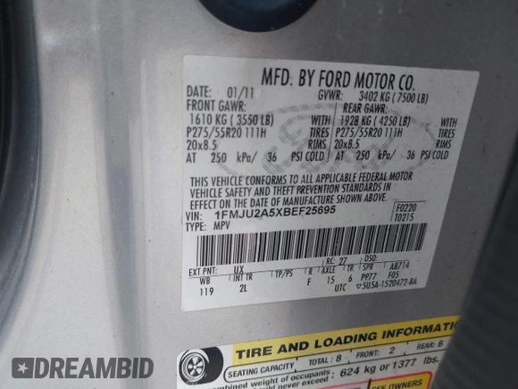 2011 Ford Expedition Limited with VIN 1FMJU2A5XBEF25695, listed as a IAAI auction lot 42534845 with 236,283 mi miles and . Bid and sale history available at DreamBid. Image 9.