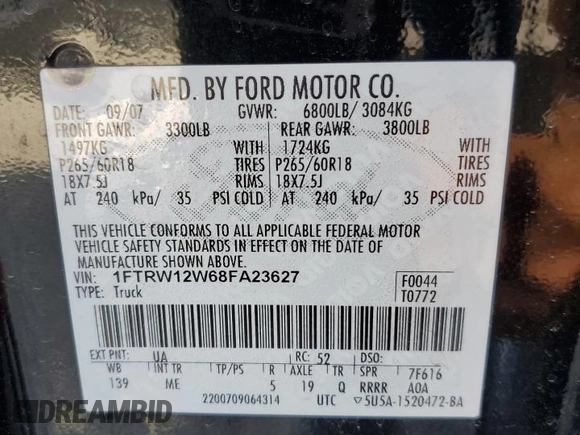 2008 Ford F-150 XL with VIN 1FTRW12W68FA23627, listed as a Copart auction lot 78399284 with 166,653 mi miles and Clean Title. Bid and sale history available at carsss.com. Image 12.