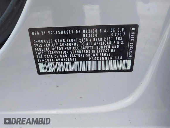 2017 Volkswagen Jetta S with VIN 3VW2B7AJ8HM328548, listed as a IAAI auction lot 42434695 with 123,236 mi miles and . Bid and sale history available at DreamBid. Image 9.