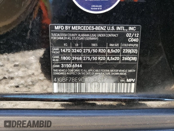 2012 Mercedes-Benz GL-Class GL 450 with VIN 4JGBF7BE9CA787517, listed as a Copart auction lot 75200784 with 179,768 mi miles and Non Repairable. Bid and sale history available at carsss.com. Image 15.