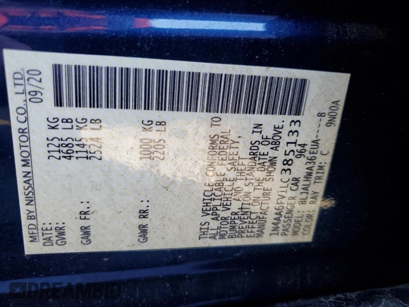 2020 Nissan Maxima Platinum with VIN 1N4AA6FV1LC385133, listed as a Copart auction lot 89101525 with 53,774 mi miles and Salvage Title. Bid and sale history available at DreamBid. Image 15.