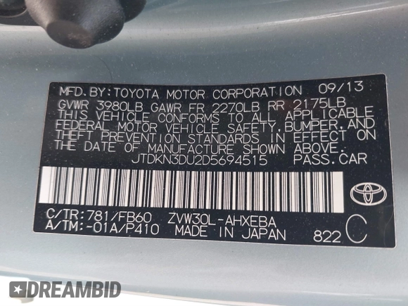 2013 Toyota Prius One with VIN JTDKN3DU2D5694515, listed as a IAAI auction lot 41849171 with 130,479 mi miles and . Bid and sale history available at DreamBid. Image 9.