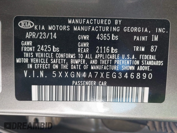 2014 Kia Optima EX with VIN 5XXGN4A7XEG346890, listed as a IAAI auction lot 42174866 with 179,450 mi miles and . Bid and sale history available at carsss.com. Image 9.