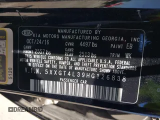 2017 Kia Optima LX z VIN 5XXGT4L39HG126838, wystawiony jako IAAI lot #42487934 z przebiegiem 108 905 mil mil oraz . Historia ofert i sprzedaży dostępna na DreamBid. Obrazek 9.