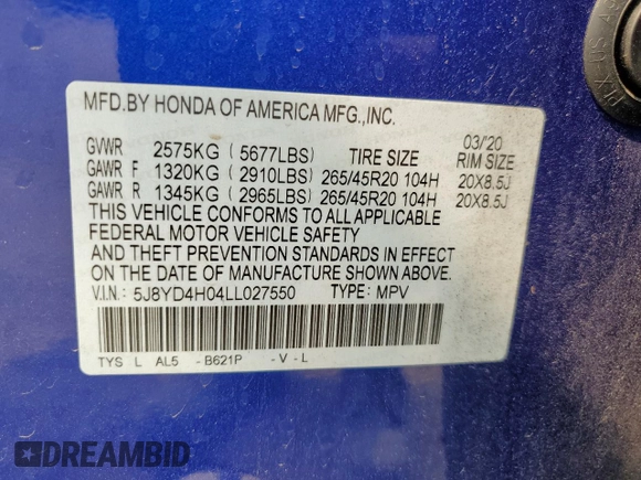 2020 Acura MDX Technology with VIN 5J8YD4H04LL027550, listed as a Copart auction lot 58573455 with 45,007 mi miles and Salvage title. Bid and sale history available at DreamBid. Image 13.
