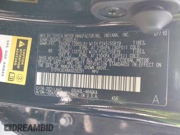 2010 Toyota Highlander Limited with VIN 5TDYK3EH9AS020291, listed as a IAAI auction lot 42643743 with 140,046 mi miles and . Bid and sale history available at DreamBid. Image 9.