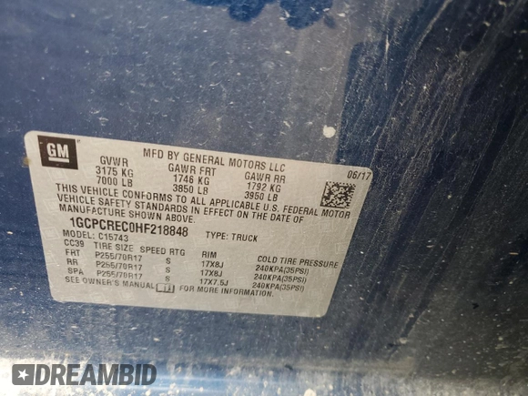 2017 Chevrolet Silverado 1500 LT with VIN 1GCPCREC0HF218848, listed as a Copart auction lot 72880914 with 101,122 mi miles and Salvage Title. Bid and sale history available at DreamBid. Image 14.