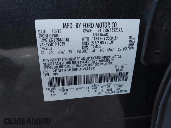 2015 Ford Edge Titanium z VIN 2FMTK3K90FBC12582, wystawiony jako IAAI lot #41860973 z przebiegiem Nie podano mil oraz . Historia ofert i sprzedaży dostępna na DreamBid. Obrazek 9.